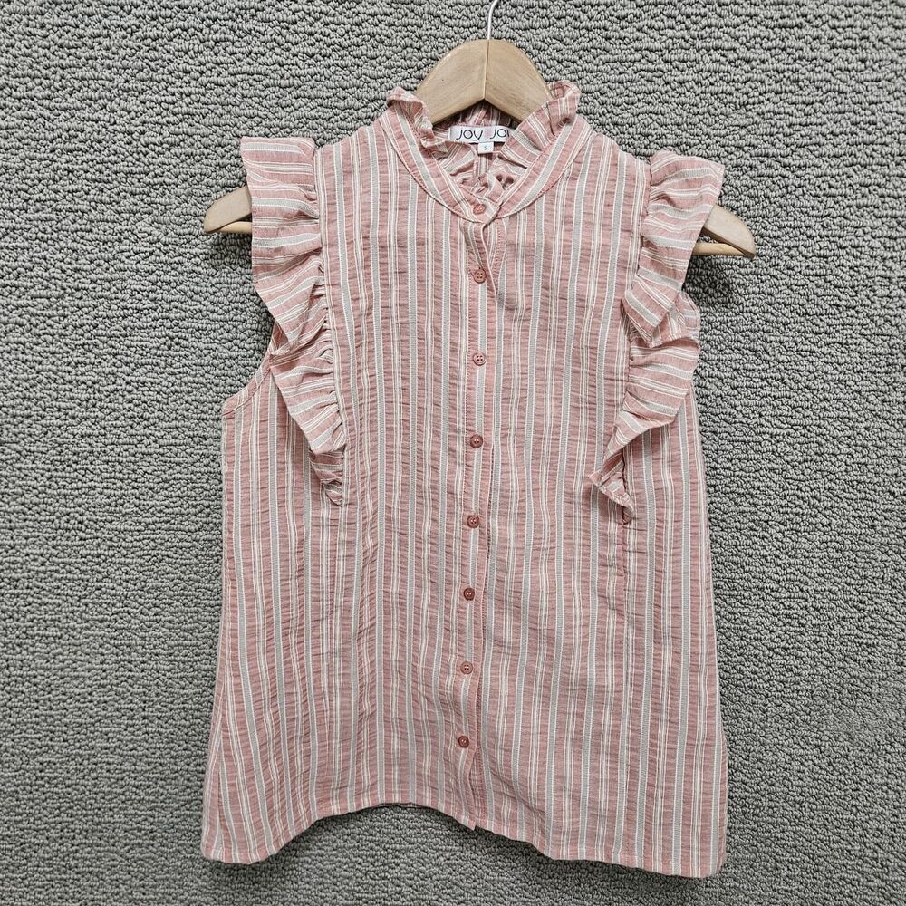 JOY JOY Girls Pink Striped Ruffle Button Top Size S